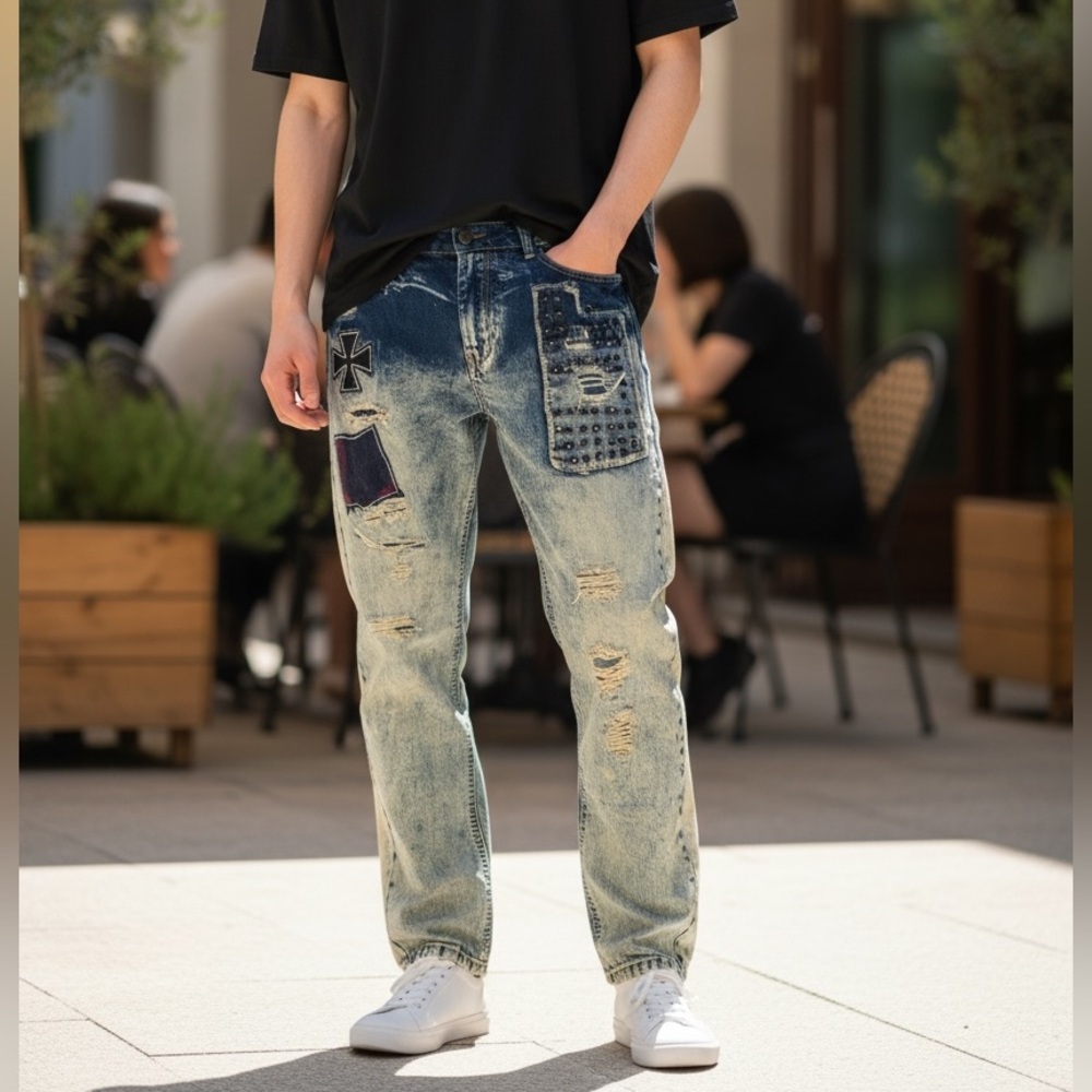 Vintage Y2K Men's Acid Wash Distressed Jeans with Stud and Patch 42x32